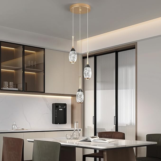 Modern Black Gold Pendant Light Dimmable LED Ceiling Light Fixtures Mini Teardrop Crystal Pendant Lighting for Kitchen Island Bedroom Hallway Entryway (3 Light，Champagne Gold)