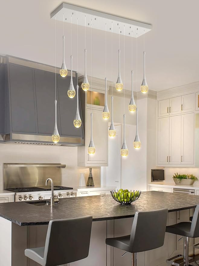 ykolupty Modern Rectangular Chandelier,14 Lights Silver Raindrop Chandelier Lighting,Industrial Linear Pendant Ceiling Light Fixture for Dining Living Room Kitchen Island