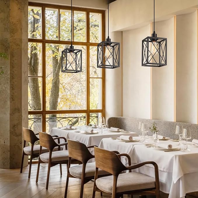 Farmhouse Pendant Light Fixture, Black Pendant Lights for Kitchen Island Industrial Lantern Pendant Light Fixtures with Light Shade, Adjustable Height Hanging Pendant Lighting