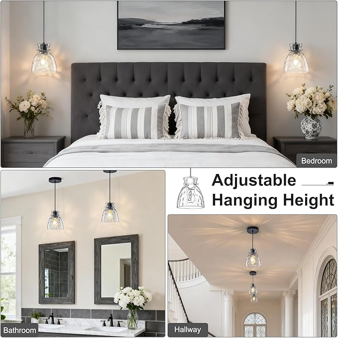 Hammered Glass Black Pendant Lights Kitchen Island Lighting, Small Hand-blown Glass Black Farmhouse Pendant Light Fixtures, Modern Hanging Lights Kitchen Pendant Lighting over Island Sink Bathroom E26
