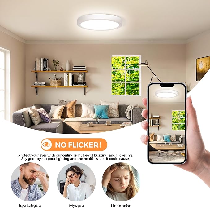 7Inch Flush Mount LED Ceiling Lights 100W Equivalent 4000K Natural White, 15W 1500LM Dimmable Flat Surface Mount Ceiling Light, Small Round Light Fixtures for Closet Basement Hallway Kitchen, 1 Pack