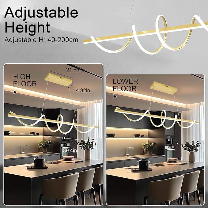 Modern LED Pendant Light Spiral Adjustable Hanging Lamp Gold 47.2 Inch DIY Kitchen Island Lighting 3-Color LED Dining Room Light Fixture with Soft Silicone Lamp Strip