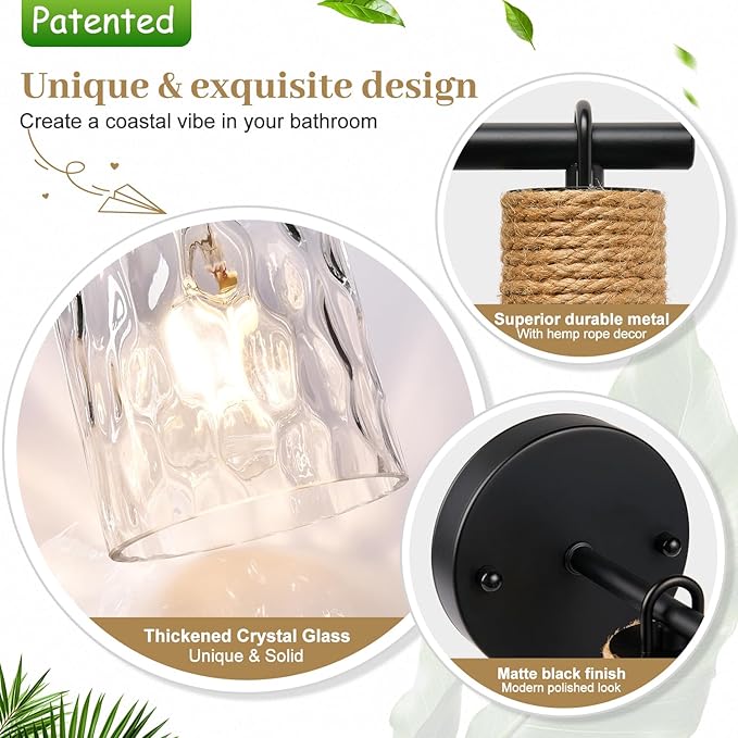 MOKATNG Set of 2 Wall Sconces for Bathroom, Coastal Modern Vanity Lights with Clear Glass Shade, Black Bathroom Wall Lamp for Mirror Kitchen Living Room Hallway Cabinet Porch