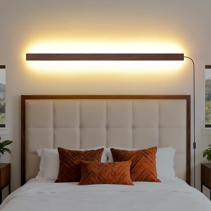 KELUOLY Farmhouse Plug in Long Wall Sconce, 39.3" Faux Walnut Finish LED Wall Lights, 20W Warm White 3000K Acrylic Indoor Wall lamp, with 59" Plug Cable for Bedroom, Living Room, Hallway