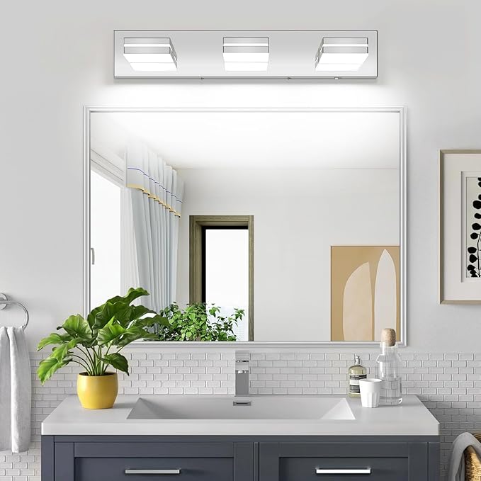 Bathroom Vanity Lighting Fixtures Over Mirror (3-Light, 24-Inch) Modern LED Bathroom Wall Lighting Fixtures, Chrome (Cool White 6000K)