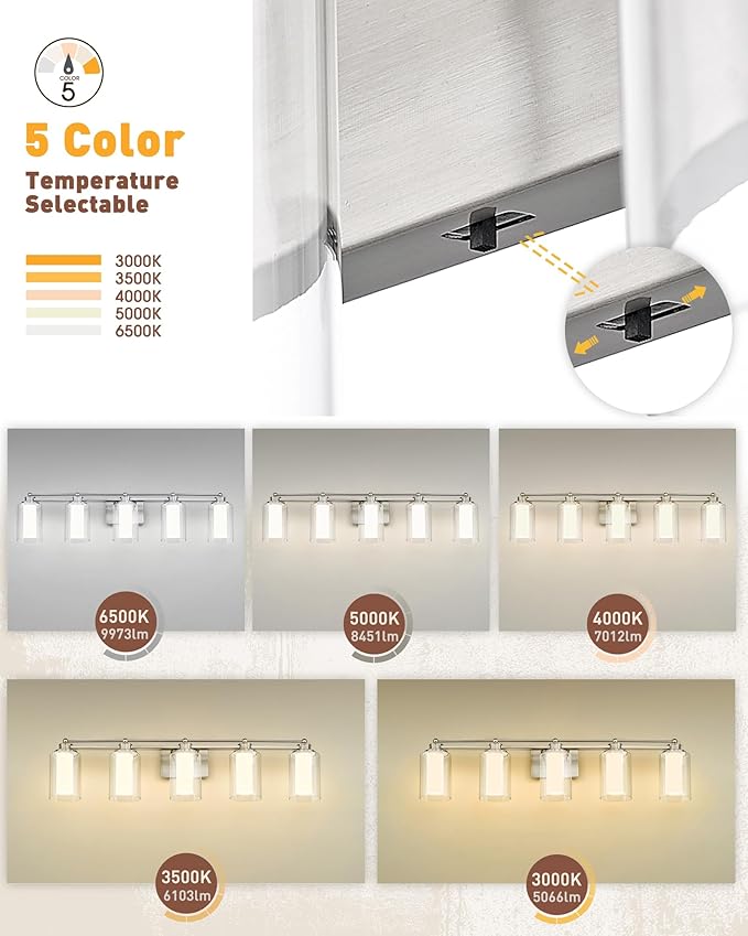 6 Light Bathroom Vanity Light, HWH Brushed Nickel Vanity Lights for Bathroom, Modern Vanity Lights Over Mirror with Clear Glass Shade, 36W 5CCT LED Wall Lights Dimmable, 5HLT63B-6W-LED BN