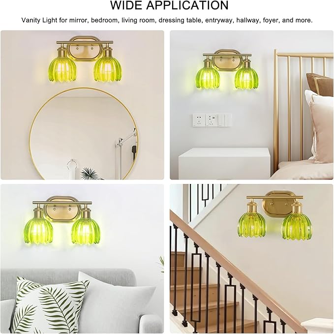 Bathroom Light Fixtures, 2-Light Gold Bathroom Vanity Light with Ribbed Green Tulip Glass Shade, Brass Wall Scone Lighting Over Mirror for Bedroom, Living Room, Hallway