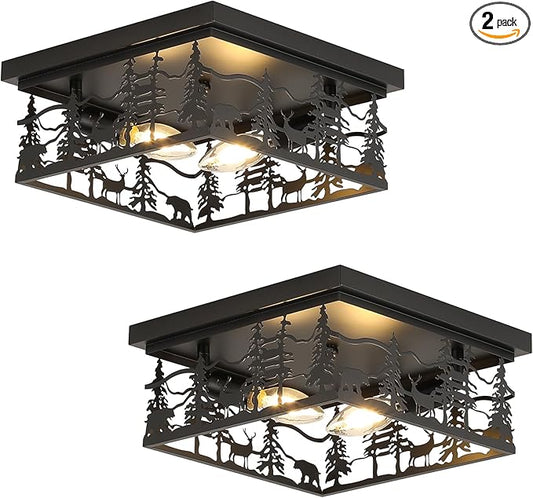 2 Pack Rustic Industrial Flush Mount Ceiling Light, 11" Black Metal Cabin Design E12 Square Ceiling Light Fixture, for Kitchen, Foyer, Bedroom Farmhouse Lighting (Bulbs Not Included)