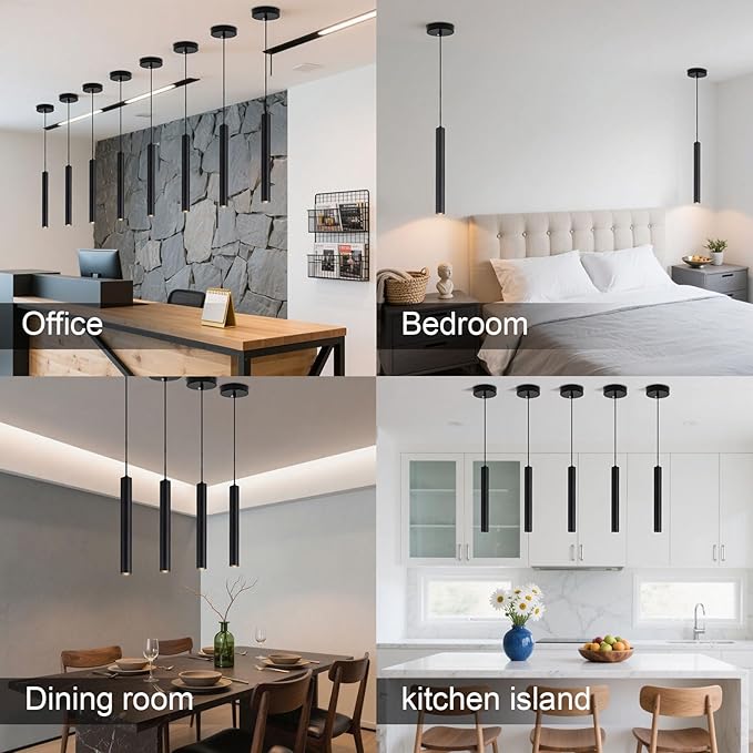 2 Pack Black Pendant Lights, Modern 3W LED Pendant Light Fixtures for Kitchen Island, Long Tube Hanging Light Cord Adjustable for Dining Table Bedroom Bar Hallway (23.6 Inch, 3000K)