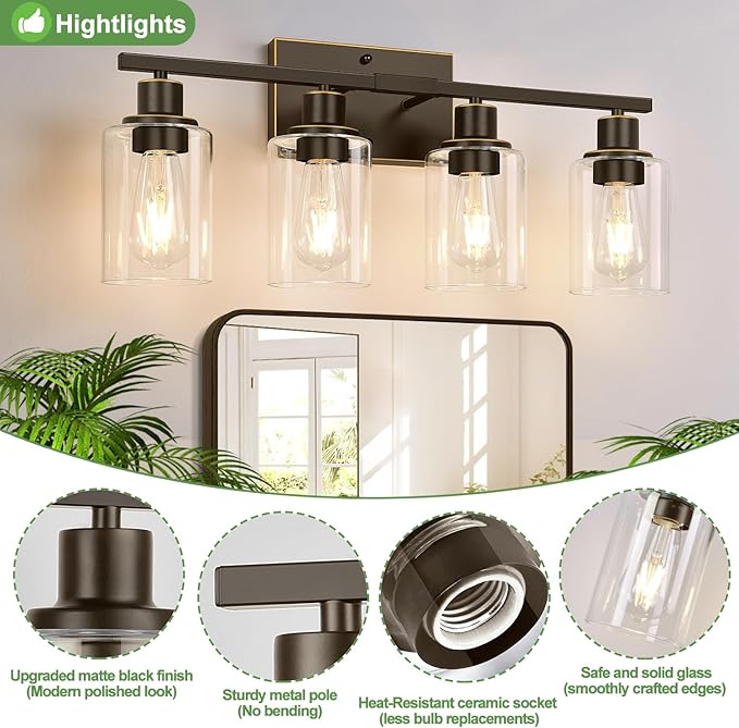 Indoi 4 Light Bathroom Light Fixtures, Oil-Rubbed Bronze Modern Vanity Lights with Clear Glass Shades, Bathroom Wall Lamp for Mirror Living Room Cabinet
