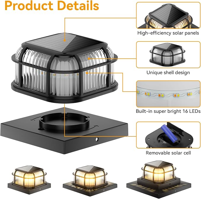 Solar Post Light 8 Packs with 4x4, 5x5 and 6x6 Inches Base for Vinyl/Wooden Posts, Bright 16 LEDs Solar Cap Lights with Two Light Modes for Decorating Deck, Patio, Porch, Fence (Black)