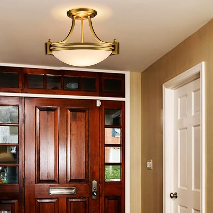 12-Inch Brass Semi Flush Mount Ceiling Light Milk Glass Light Fixture Mid Century 2-Light Gold Glass Ceiling Light for Hallway Bedroom Foyer