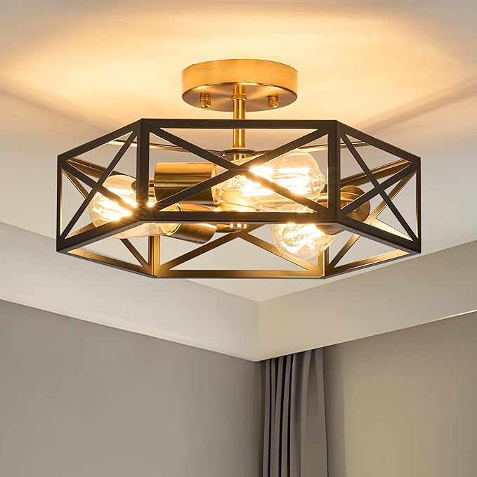Modern Farmhouse Black and Gold Ceiling Light,Industrial Semi Flush Mount Ceiling Lighting Fixture,Hexagonal Lighting Fixtures for Kitchen,Bedroom,Foyer,Dining Room,Hallway,3-Light,14.6 Inch