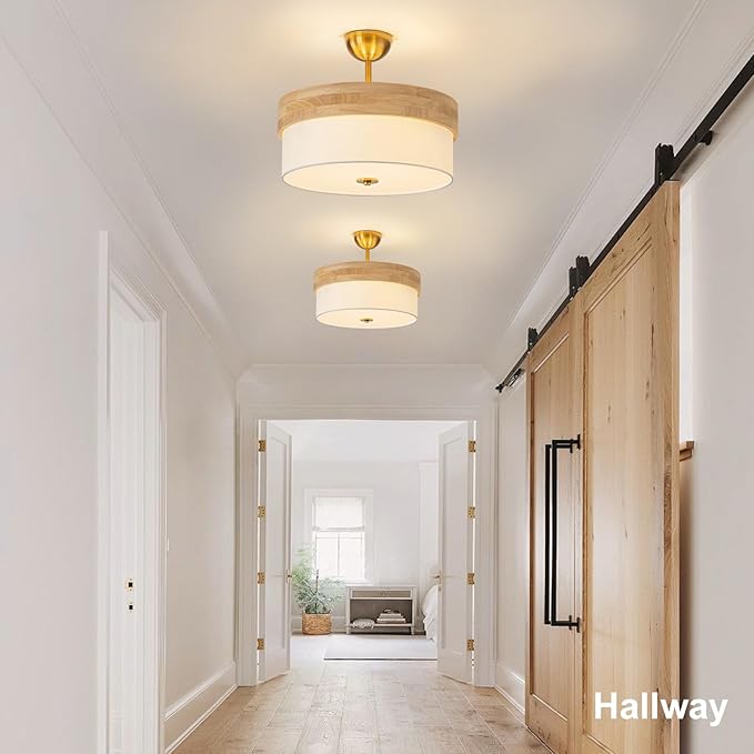 Bargeni 16 Inch Semi Flush Mount Ceiling Light, Modern Wood Drum Ceiling Light Fixture with Fabric Shade, Gold Light Fixtures Ceiling Mount for Living Room, Bedroom, Kitchen, Dining, Hallway,Entryway