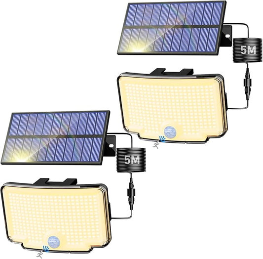 Peasur 2 Pack Solar Motion Lights Outdoor, 318 LED Solar Security Light with 3 Modes, IP65 Waterproof Powered Flood Lights for Outside Garden Garage Yard Backyard Warm White