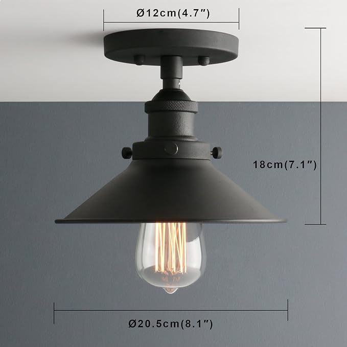 Phansthy Industrial Semi Flush Mount Ceiling Light, 1-Light Pendant Light with 8.1" Metal Shade, Vintage Hanging Lamp for Bedroom Kitchen Living Room Dining Room (Cone Metal Shade -Black)