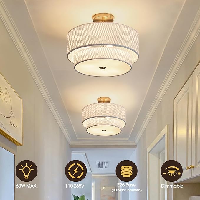 Fabric Semi Flush Mount Lighting Fixture, Modern Semi Chandeliers, 2 Tier Drum Ceiling Light, White Fabric Shade 3-Light for Kitchen Island Bedroom Hallway Foyer, E26, W16xH14