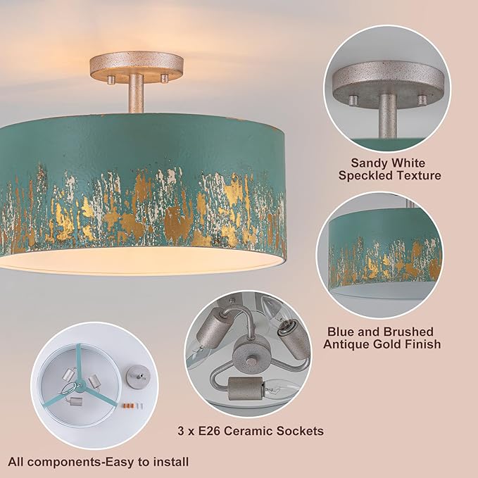 14.96" Modern Vintage Semi Flush Mount Ceiling Light,3-Light Blue Ceiling Light Fixture with Hand-Brushed Gold Finish,Dimmable Hallway Light Fixtures for Bedroom,Kitchen,Entryway,Foyer