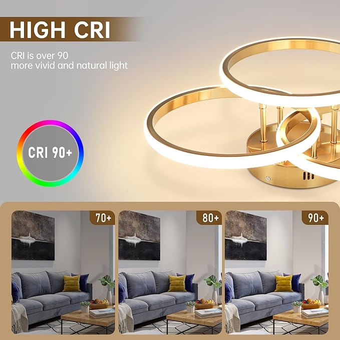 Modern Ceiling Light Fixture,3 Rings Dimmable Flush Mount Ceiling Light with Remote Control, Gold Close to Ceiling Lighting Fixtures for Bedroom Living Room Dining Room Kitchen Ceiling Lamp