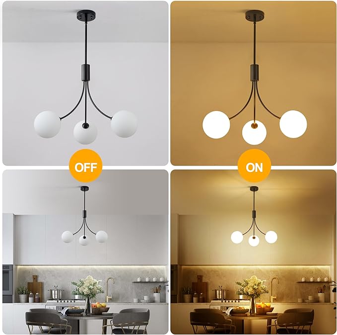 CNRATYE 3-Light Modern Farmhouse Black Chandeliers for Entryway, Mid Century Milk Globe Sputnik Chandelier, Vintage Pendant Lighting for Kitchen Island Dining Room Foyer Bedroom Bathroom
