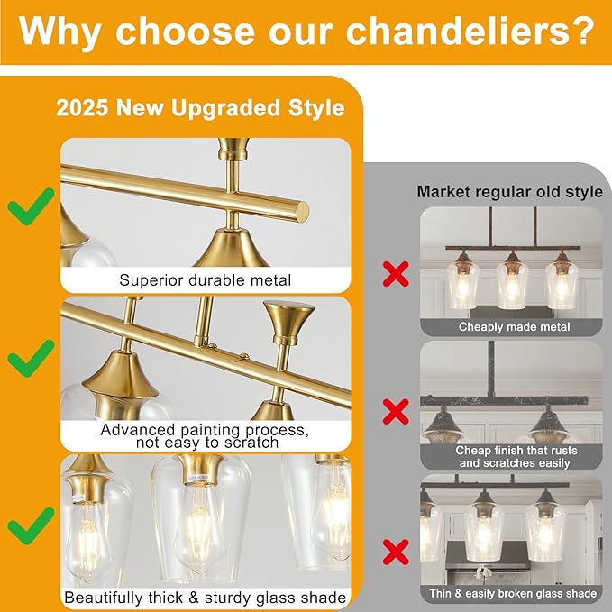 21.2" Dining Room Light Fixture/Chandelier Over Table, 3-Light Brushed Gold Kitchen Island Lighting with Clear Glass Shade, Modern Hanging Pendant Lights Fixture for Kitchen Island, Dining Room, Bar