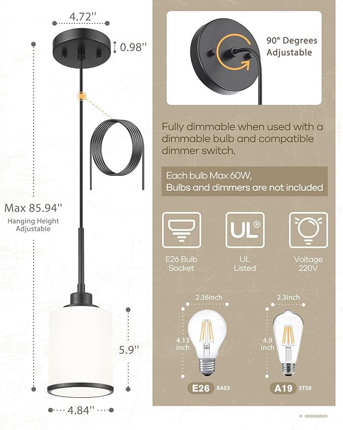 Beionxii Pendant Lights Kitchen Island, Modern Kitchen Pendant Lighting Over Island with Milk Glass, Matte Black Pendant Light Fixtures for Sink, Dining Room, Entryway, BX-PL02MB