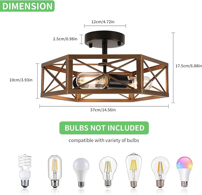 WILON Flush Mount Ceiling Light Fixture for Kitchen - 3 Light Industrial Close to Ceiling Lighting, Bronze Farmhouse Metal Cage Hexagon Lamp for Hallway Kitchen Dining Room Entryway Foyer