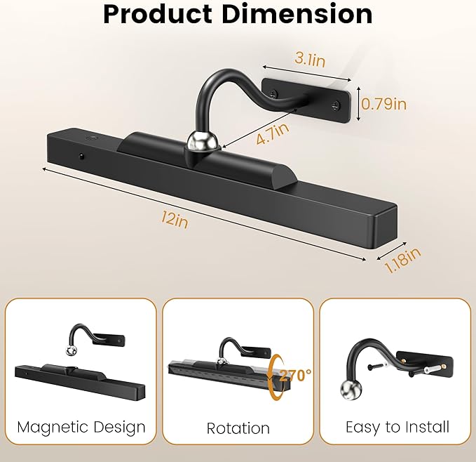 Wireless Picture Lights 12", 4400mAh Battery Powered Cordless Wall Lights, 2Pack Dimmable Remote Timer for Painting Artwork Living Room (Black)