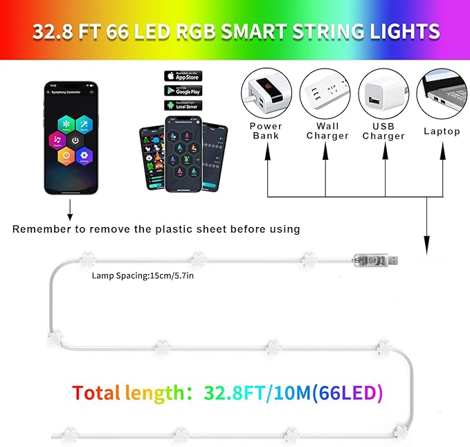 Smart Flower Fairy Lights, 33FT 66 LED String Light, Halloween Lights Outdoor for Party with App, Music Sync,Group Control String Lights for Bedroom, Party, Wedding,