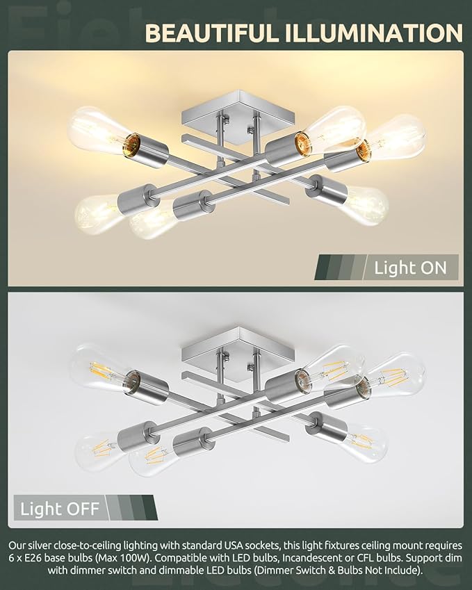6-Light Semi Flush Mount Ceiling Light Fixture, Industrial Brushed Nickel Close to Ceiling Lighting, Modern E26 Base Sputnik Chandelier Ceiling Lamp for Bedroom Living Room Hallway, 2 Pack