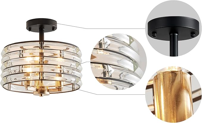 AGV LIGHTING CH015BB Crystal Semi Flush Mount Ceiling Light Fixture, E12 Base 3-Lights, D12 x H 9", Crystal Lamp Shade, Light Gold & Matte Black Finish