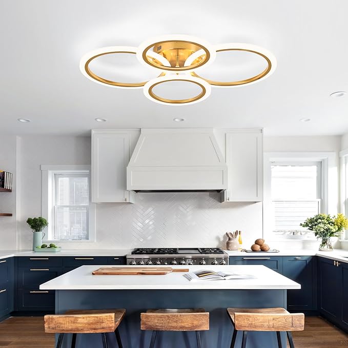 Modern LED Ceiling Light, 4 Rings LED Dimmable Flush Mount Ceiling Light with Remote Control, Gold Close to Ceiling Lamp for Kitchen Living Room Bedroom Laundry Room Ceiling Lighting Fixture