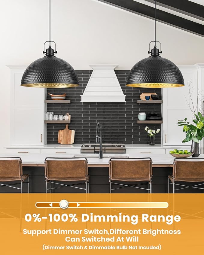 16 Inch Black Hammered Pendant Light 2 Pack, Vintage Pendant Lights Kitchen Island Adjustable Height, Large Dome Pendant Light Fixtures for Kitchen, Dining Room, Bedroom,Bar