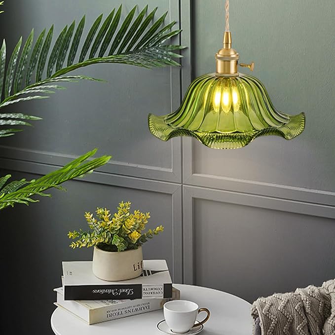 Vintage Pendant Lights Kitchen Island 3 Pack, Adjustable Pendant Light Fixtures with Green Lily Glass Lampshade, Gold Kitchen Pendant Lighting Over Island, Pendant Light for Dining Room Hallway