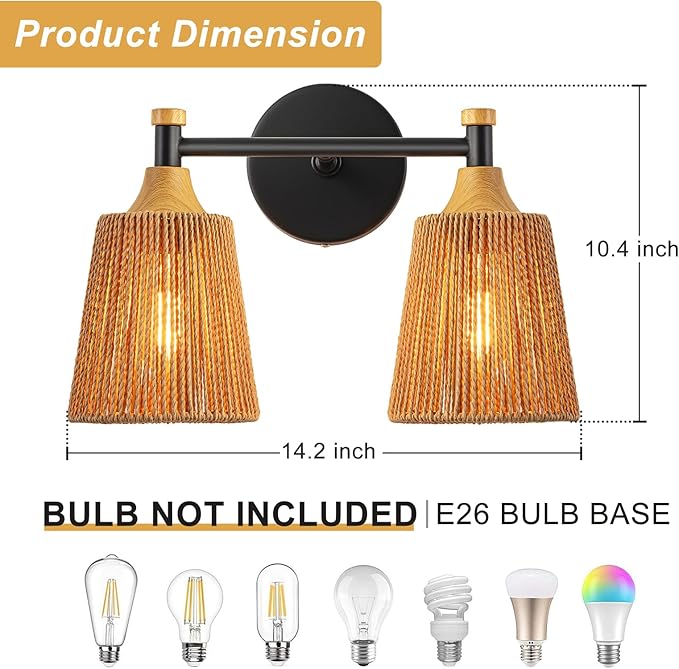 2-Light Bathroom Vanity Light, Boho Bathroom Light Fixtures Over Mirror Rattan Vanity Lighting Fixtures with Hand-Woven Lampshade Rustic Style Wall Sconce for Bedroom Living Room