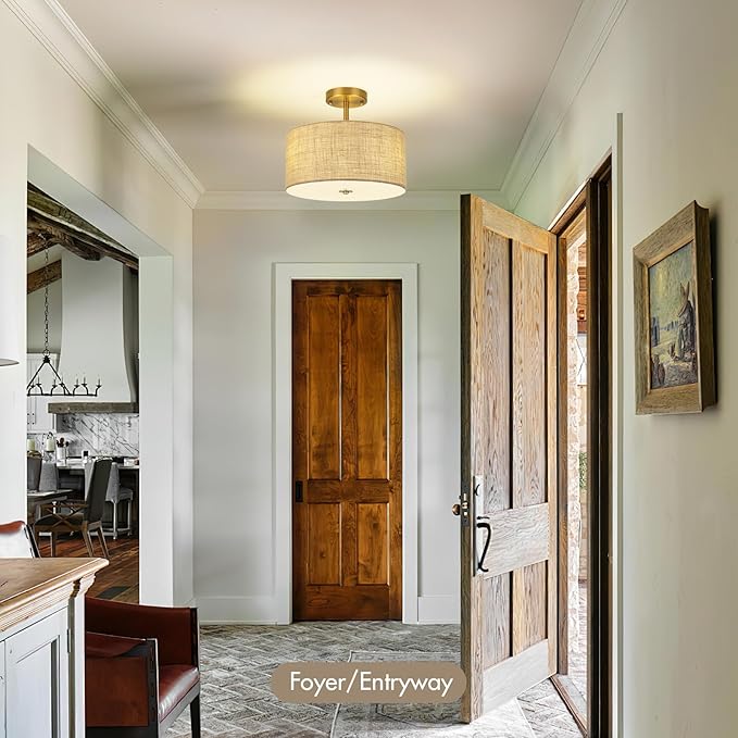 13 Inch Modern Semi Flush Mount Ceiling Light Fixture, Gold Drum Lamp with Textured Woven Linen Burlap Shade, Rustic Farmhouse Boho Lighting for Bedroom, Kitchen, Hallway, Entryway Room