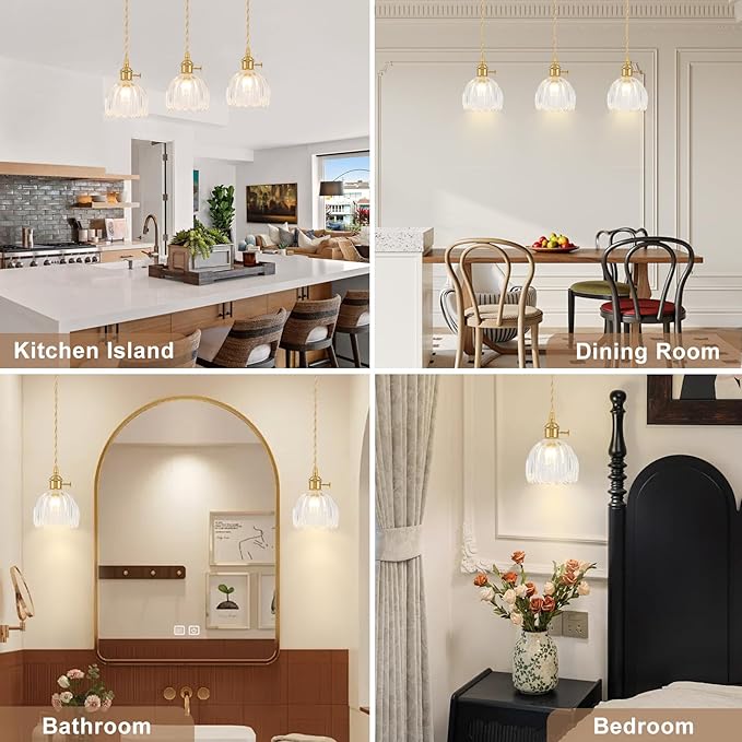 Mini Pendant Lights Kitchen island 3 Pack, Small Adjustable Pendant Light Fixture with Transparent Tulip Glass Lampshade, Vintage Gold Pendant Lighting, Pendant Light for Bedroom Dining Room Hallway