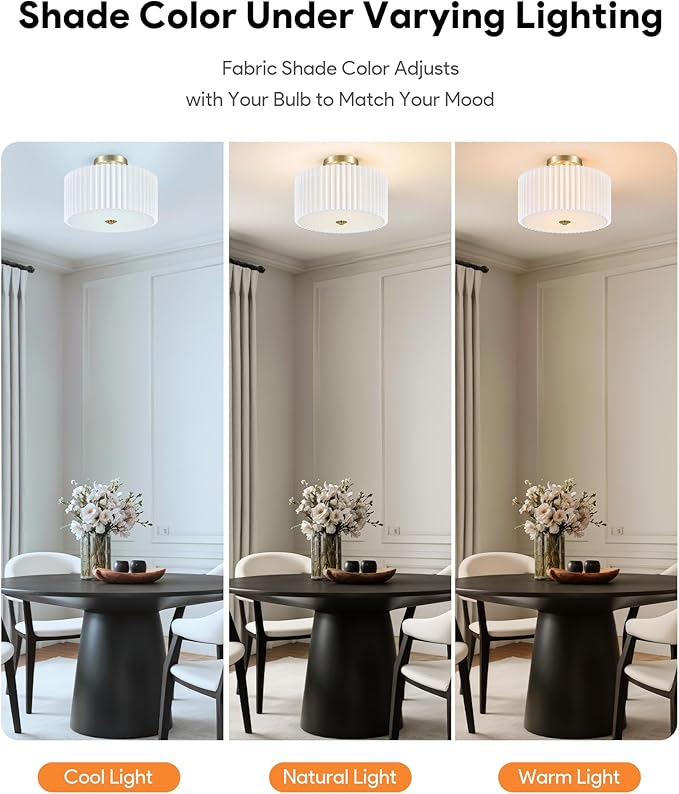 VONLUCE Semi Flush Mount Ceiling Light, 12.2" Ceiling Light Fixture with Pleated Shade, 2-Light Modern Drum Light Fixture for Bedroom Living Room Entryway Hallway, White Shade & Bronze Finish