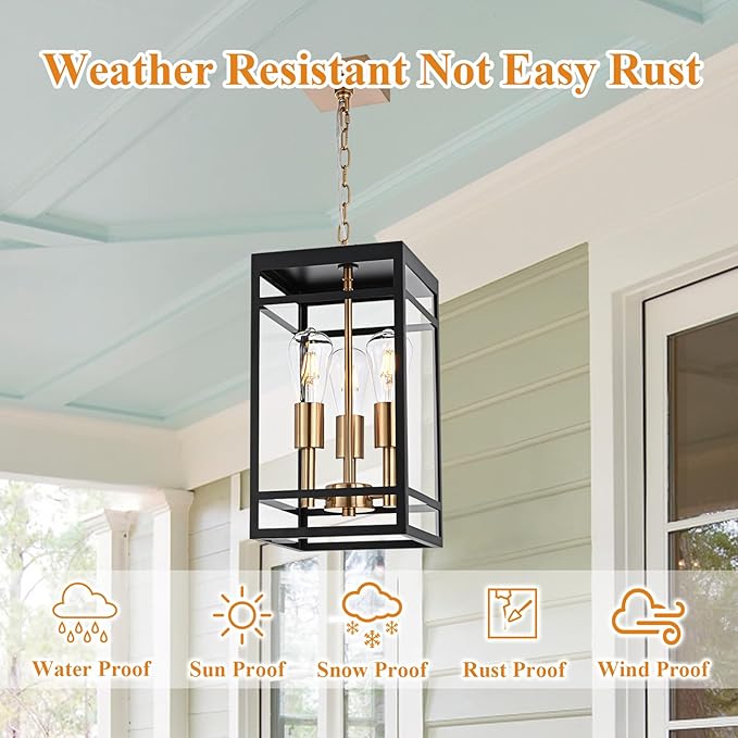 VINLUZ 3-Light Outdoor Pendant Light with Adjustable Chain, 16" Black and Gold Finish Outdoor Hanging Light Fixture, Exterior Hanging Lantern Chandelier for Entryway Patio Garden