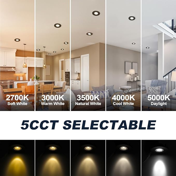 4 Pack Black 4-inch 5 CCT Gimbal LED Recessed/Downlight Color Selectable 2700K/3000K/3500K/4000K/5000K 800Lm 9W 120V Dimness Adjustable LED Lights