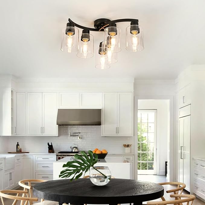 WILON 20'' 6-Light Large Black Semi Flush Mount Ceiling Light Fixture with Clear Glass Shades, Modern Farmhouse Chandelier for Dining Room Living Kitchen