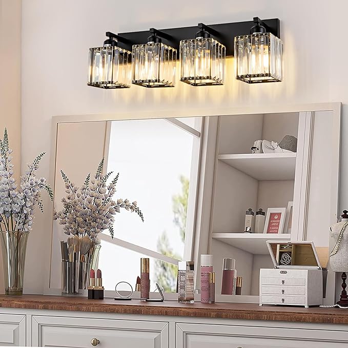 Modern Crystal Bathroom Vanity Light 4-Lights Modern Black Crystal Bathroom Wall Light Fixtures Over Mirror