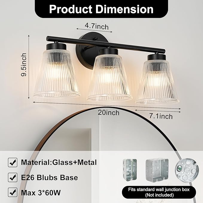 OCIOC Black Bathroom Vanity Lights, 3-Light Modern Bathroom Light Fixtures with Striped Glass Shade, Bathroom Wall Lamp over Mirror, for Living Room, Bedroom, Hallway,Cabinet Porch