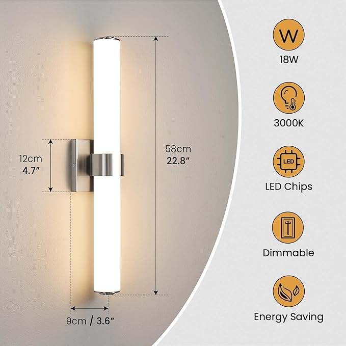 AIJIASI Brushed Nickel Vanity Lights for Bathroom - 22 Inch Bathroom Light Fixtures Over Mirror with Acrylic Shade, 18W LED Modern Vanity Lighting Fixtures Wall Sconce 3000K