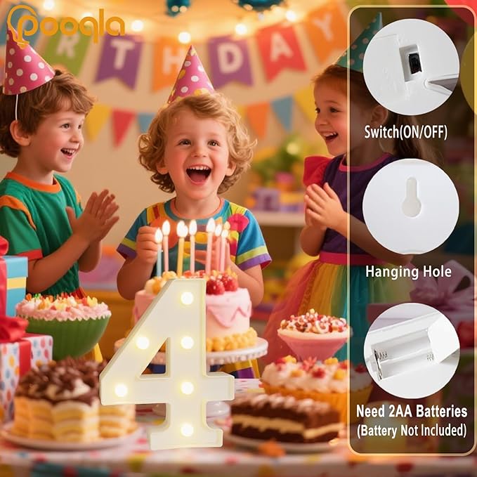 Pooqla Decorative LED Light Up Number Letters, White Plastic Marquee Lights Sign Party Wedding Decor, Battery Operated (4)