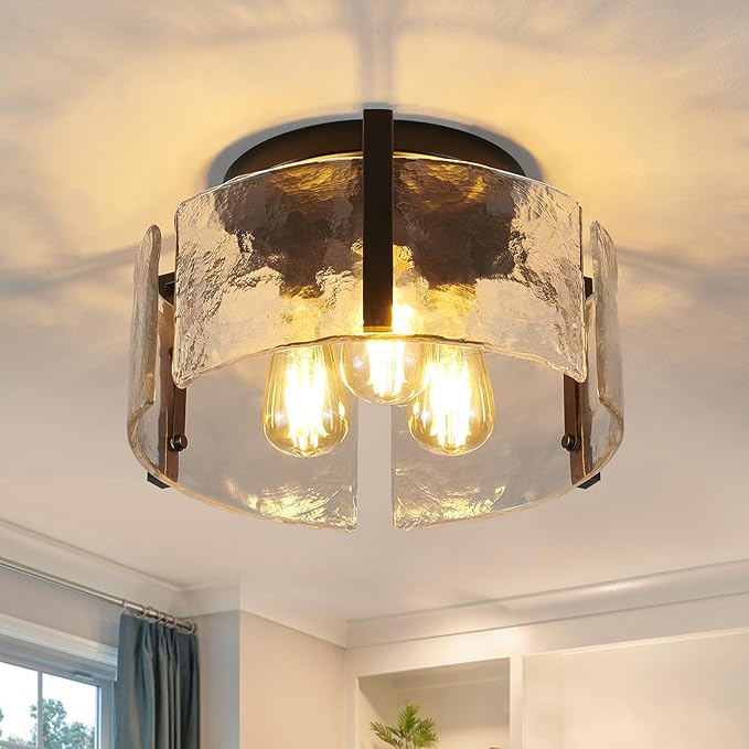 Black Semi Flush Mount Ceiling Light Fixture, 14-Inch Glass Drum Flush Mount Light Farmhouse Modern Lights Kitchen Lighting Fixtures for Foyer Entryway Hallway Laundry Room Bedroom Bathroom