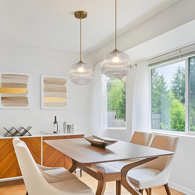 Modern Gold 1 Light Hanging Indoor Kitchen Island Pendant Light Large Single Brushed Brass Hanging Light Fixture Mid Century Clear Glass Globe Pendant Lighting for Dining Room Bedroom MPL30-C