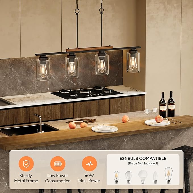 VONLUCE Dining Room Light Fixture Over Table, 4-Light Kitchen Island Lighting with Glass Shade and Adjustable Rods, Farmhouse Linear Chandelier Pendant Light for Kitchen Living Room, Matte Black