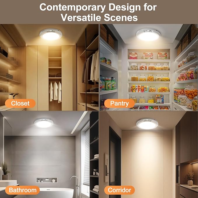 Yunaking 2 Pack Rechargeable Ceiling Light with Motion Sensor: Battery Operated LED Closet Light with Remote & Timing - Wireless Dimmable Magnetic Mount Shower Lamp for Bathroom/Stairs/Garage/Hallway