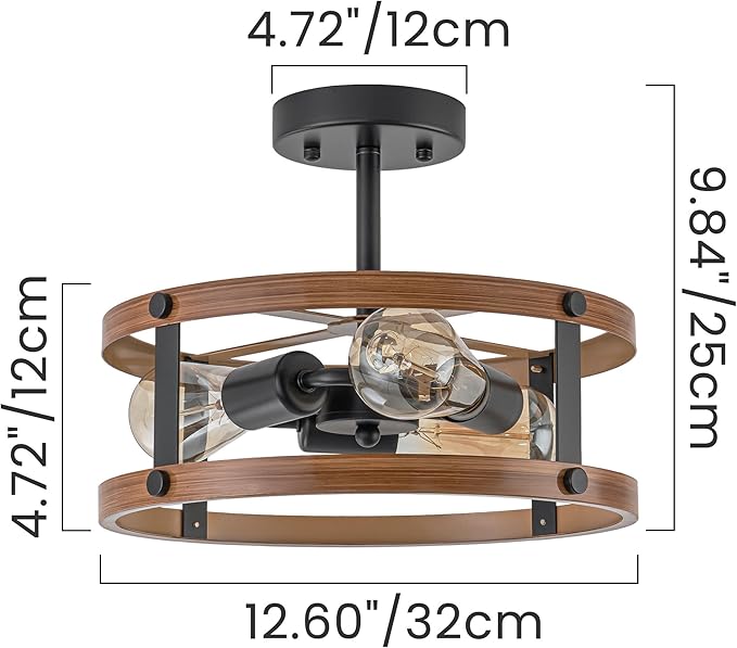 Farmhouse Semi Flush Mount Ceiling Light Fixture, Rustic 3-Light Flush Mount Light Fixture with Wood Grain Finish, Retro Ceiling Lamp for Hallway Entryway Bedroom Dining Room